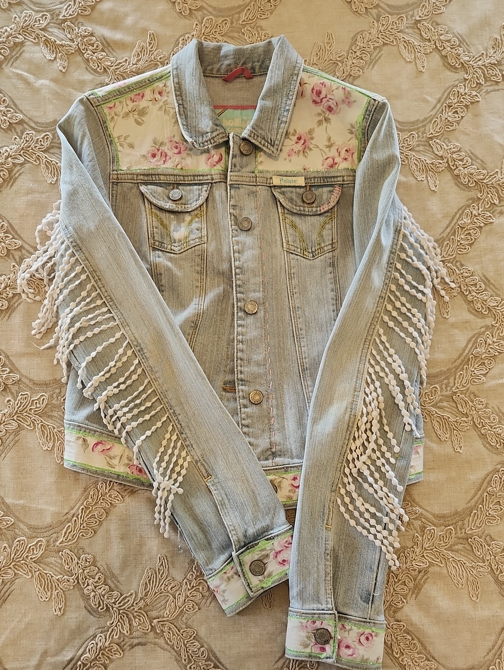 Vtg. Upcycled Hollister Barbie Fringed Jean Denim Jacket Floral